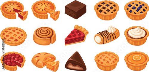 Dessert Pastry Icon Set Featuring Pies, Tarts, Cakes, and Sweet Treats for Bakery, Dessert, and Food Design ProjectsDessert Pastry Icon Set Featuring Pies, Tarts, Cakes, and Sweet Treats for Bakery, D