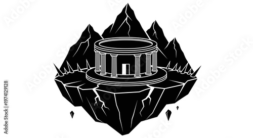 Surreal floating island with ancient greek temple structure and jagged rocky mountains dramatic dark fantasy atmosphere