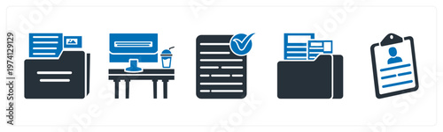 A set of 5 mix icons as folder, office table, approved document