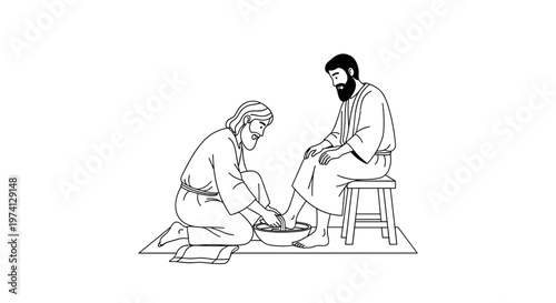 Biblical man humbly washes guest's feet with water from a basin symbolizing service devotion and spiritual cleansing