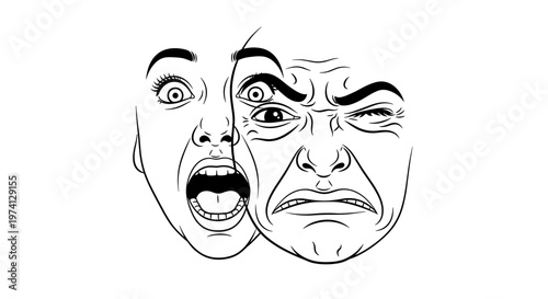 Dual face illustration showing contrasting emotions of extreme fear and anger with wide eyes and open mouths
