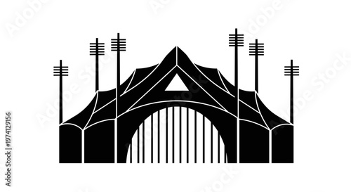 Abstract geometric modern stadium entrance arch with vertical lines and antenna towers minimalist architectural design