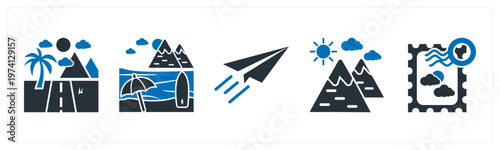 A set of 5 mix icons as road, beach, paper plane