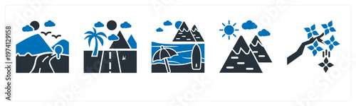 A set of 5 mix icons as nature, road, beach