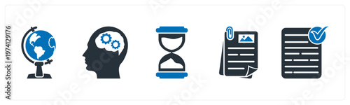 A set of 5 mix icons as globe, planning, sandglass