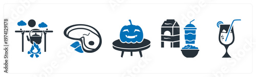 A set of 5 mix icons as barbecue, chicken slice, halloween pumpkin