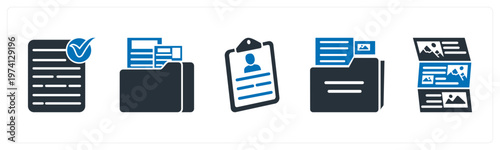 A set of 5 mix icons as approved document, folder, clipboard
