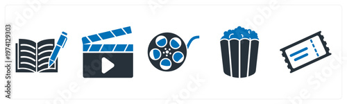 A set of 5 mix icons as script writing, clapper board, movie reel