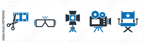 A set of 5 mix icons as movie editing, 3d glasses, spotlight