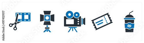 A set of 5 mix icons as movie editing, spotlight, video camera