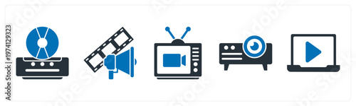 A set of 5 mix icons as cd player, film advertisement, television