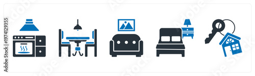 A set of 5 mix icons as microwave, dining table, sofa