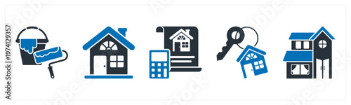 A set of 5 mix icons as paint roller, real estate, property budget