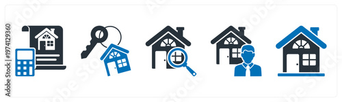 A set of 5 mix icons as property budget, home key, home search