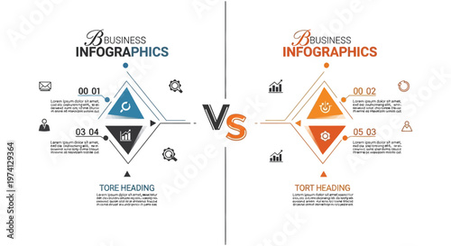 Detailed vector illustration of a business infographic featuring comparative data with diamond-shaped diagrams and visual representations of statistical analysis, set against a clean white