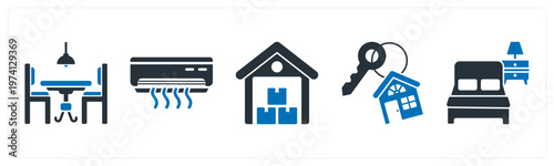 A set of 5 mix icons as dining table, air conditioner, warehouse