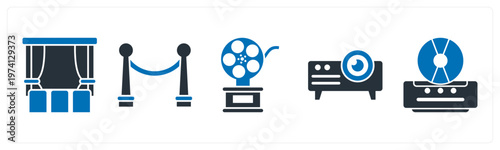 A set of 5 mix icons as cinema hall, barrier gate, film award