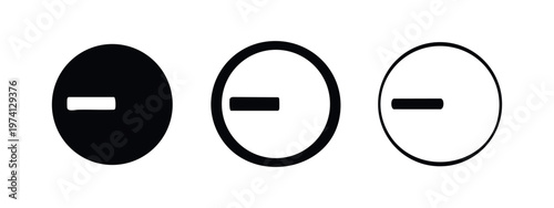 Minus Sign in Circle Icons Set. Decrease or remove symbol. Vector graphic for delete, subtract, zoom out, negative.