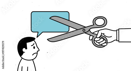 Man with speech bubble being cut by scissors symbolizing censorship silenced ideas or suppressed communication vector