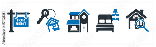 A set of 5 mix icons as for rent, home key, villa