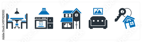 A set of 5 mix icons as dining table, microwave, villa