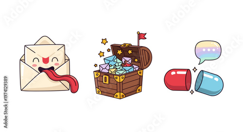 Whimsical cartoon characters excited envelope with tongue treasure chest overflowing with gems and open capsule
