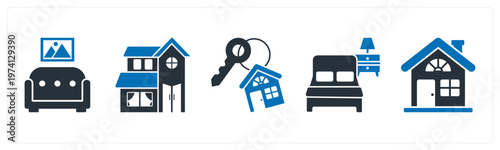 A set of 5 mix icons as sofa, villa, home key