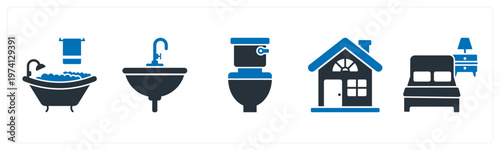 A set of 5 mix icons as bathtub, washbasin, commode