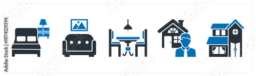 A set of 5 mix icons as bed, sofa, dining table