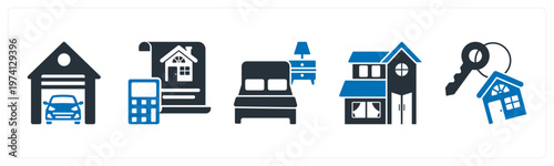 A set of 5 mix icons as garage, property budget, bed