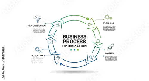 A detailed business infographic vector illustrates process optimization with icons and statistical data points arrayed in a circular diagram, presented in a clean, minimalist style
