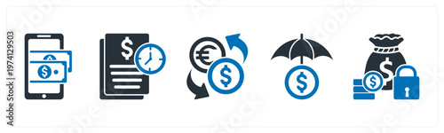 A set of 5 mix icons as mobile payment, transaction history, currency exchange