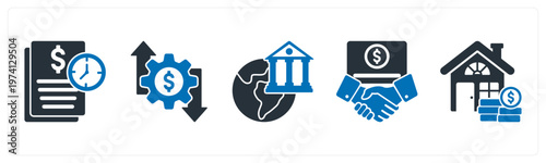 A set of 5 mix icons as transaction history, money management, global banking