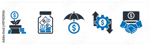 A set of 5 mix icons as money plant, saving, money insurance