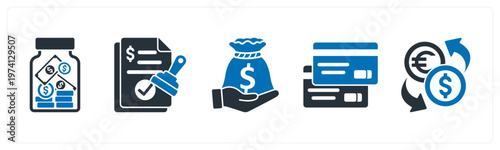 A set of 5 mix icons as saving, approved loan, loan