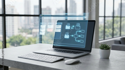 Laptop workstation cloud collaboration interface project management digital workflow office desk