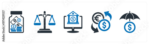 A set of 5 mix icons as saving, balance, online banking