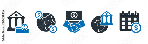 A set of 5 mix icons as home loan, global money, financial partnership