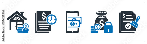 A set of 5 mix icons as home loan, transaction history, mobile payment