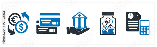 A set of 5 mix icons as currency exchange, credit card, loan