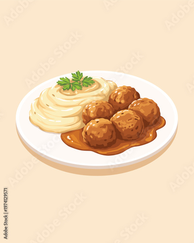 Swedish Meatballs with Mashed Potato and Sauce Flat Vector Food Illustration