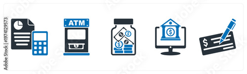 A set of 5 mix icons as budget, atm, saving