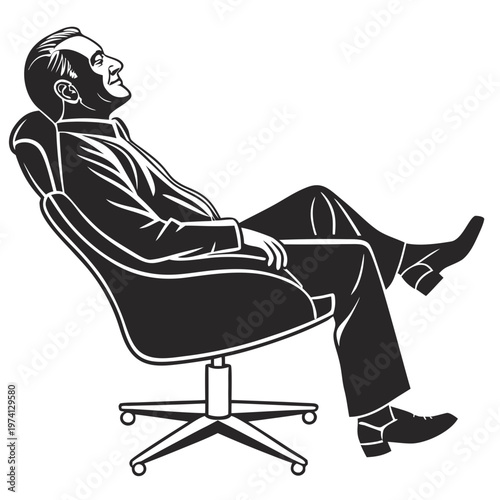 Relaxed businessman, office chair, vector illustration, black and white, leisurely pose