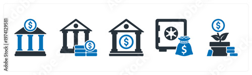 A set of 5 mix icons as financial institution, bank, locker