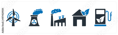 A set of 5 mix icons as windmill, factory pollution, eco house