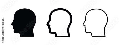 Human head profile icon set. Side view of male head silhouette, outline, and thick outline symbols.