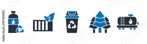 A set of 5 mix icons as recycle bottle, eco battery, recycle bin