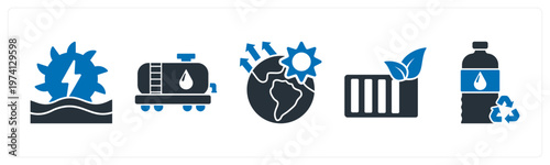 A set of 5 mix icons as hydro power, fuel pump, global warming