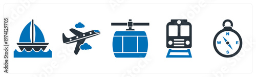 A set of 5 mix icons as cruise, plane, cable car