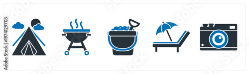 A set of 5 mix icons as camping tent, barbecue, sand bucket